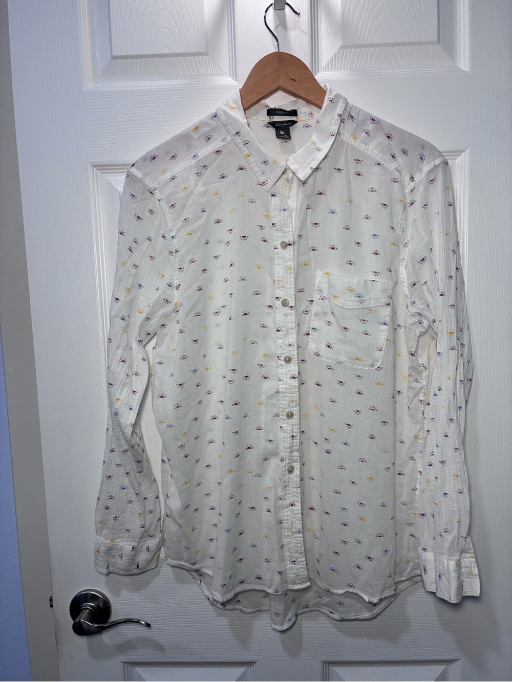Eddie Bauer Cream Button-Up Shirt with Yellow & Purple Micro Dots